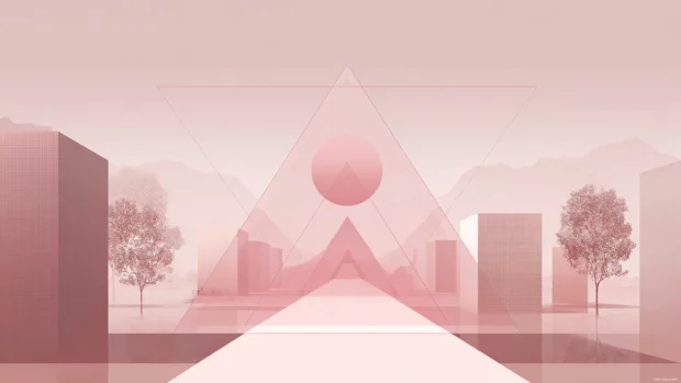 A balanced geometric scene in dusty pink with triangles and linear perspective.