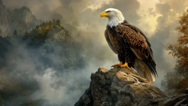 A bald American eagle wallpaper perched on a rocky ledge with mist swirling around its talons.