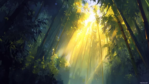 A bamboo forest swaying gently with rays of sunlight piercing through.