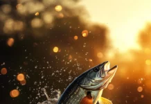 A bass fishing wallpaper for iPhone showing a leaping bass breaking through the water in golden light.