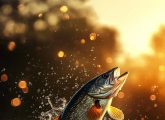 A bass fishing wallpaper for iPhone showing a leaping bass breaking through the water in golden light.