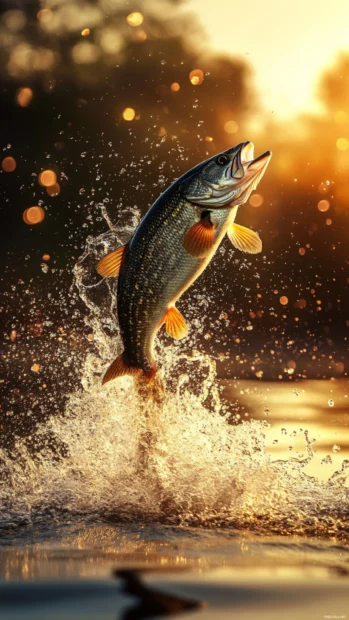 A bass fishing wallpaper for iPhone showing a leaping bass breaking through the water in golden light.