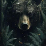 A bear face emerging through tall forest ferns, realistic textures and light.