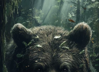A bear face emerging through tall forest ferns, realistic textures and light.