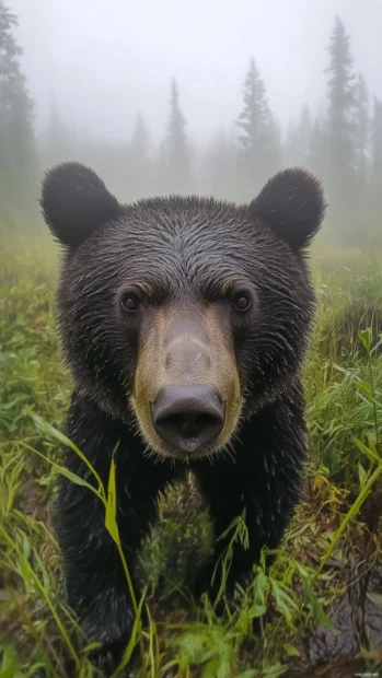 A bear looking directly at the camera in the middle of a misty clearing.