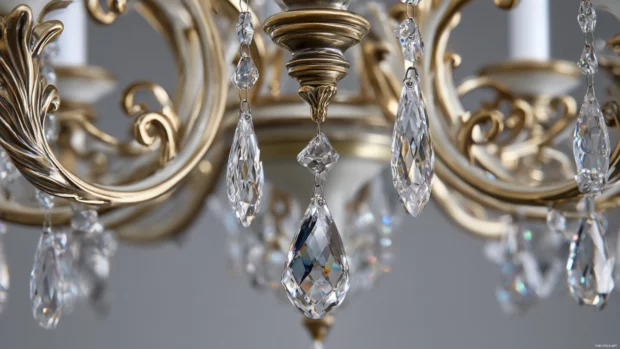 A beautiful Luxury chandelier made of gold and silver metals with delicate hanging crystals.