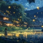 A beautiful anime scene of a girl gazing at fireflies by a riverside in rural Japan.