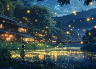 A beautiful anime scene of a girl gazing at fireflies by a riverside in rural Japan.