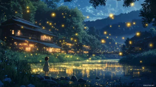 A beautiful anime scene of a girl gazing at fireflies by a riverside in rural Japan.