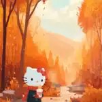 A beautiful fall morning with Hello Kitty sipping a warm drink under orange maple trees.