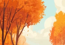 A beautiful fall morning with Hello Kitty sipping a warm drink under orange maple trees.