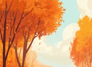 A beautiful fall morning with Hello Kitty sipping a warm drink under orange maple trees.