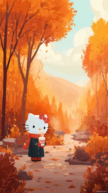 A beautiful fall morning with Hello Kitty sipping a warm drink under orange maple trees.