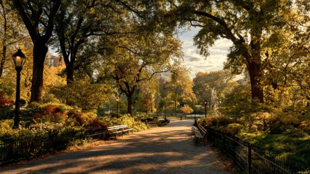 A beautiful park with wide open spaces framed by tall fall trees and sunlit paths.