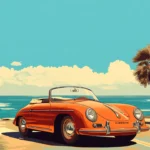 A beautifully styled Vintage Porsche wallpaper featuring a retro Porsche 356 parked near a coastal road.