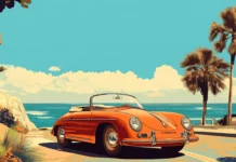 A beautifully styled Vintage Porsche wallpaper featuring a retro Porsche 356 parked near a coastal road.
