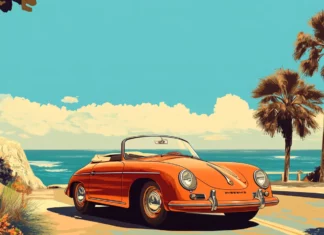 A beautifully styled Vintage Porsche wallpaper featuring a retro Porsche 356 parked near a coastal road.