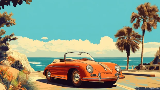 A beautifully styled Vintage Porsche wallpaper featuring a retro Porsche 356 parked near a coastal road.