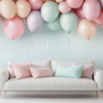 A bedroom wall wallpaper design with soft toned balloons bringing a peaceful birthday ambiance.