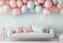A bedroom wall wallpaper design with soft toned balloons bringing a peaceful birthday ambiance.