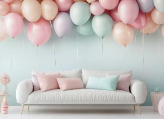 A bedroom wall wallpaper design with soft toned balloons bringing a peaceful birthday ambiance.