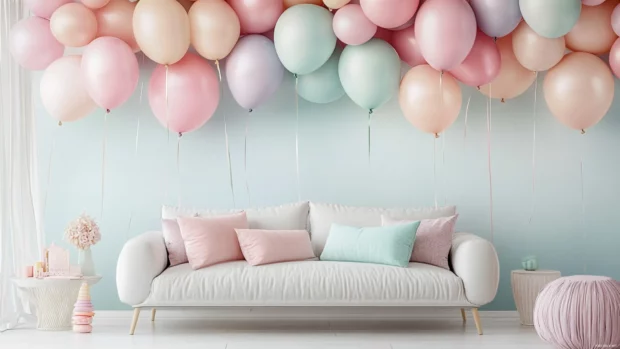 A bedroom wall wallpaper design with soft toned balloons bringing a peaceful birthday ambiance.