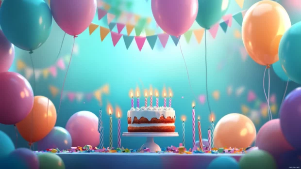 A birthday party wallpaper scene with balloons, cake, and lit candles creating a warm celebration.