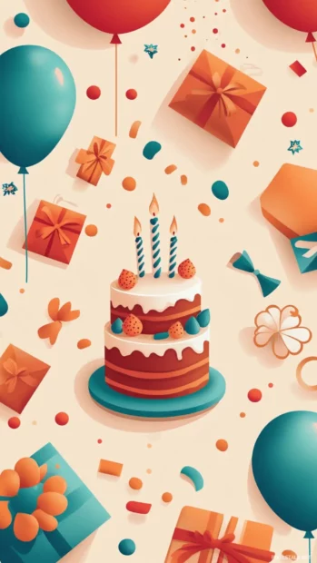 A birthday wallpaper featuring a collection of aesthetic illustrations including balloons, cakes, and gifts.