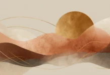 A blend of gold geometry and soft abstract waves flowing across a minimal layout.