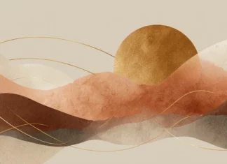 A blend of gold geometry and soft abstract waves flowing across a minimal layout.
