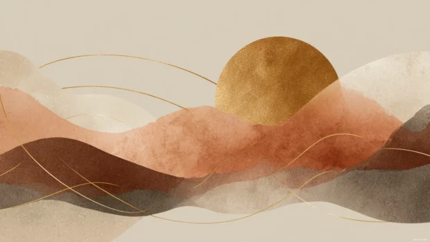 A blend of gold geometry and soft abstract waves flowing across a minimal layout.