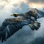 A bold Cool Eagle mid flight with a dynamic cloudy backdrop.