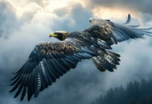 A bold Cool Eagle mid flight with a dynamic cloudy backdrop.