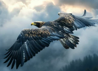 A bold Cool Eagle mid flight with a dynamic cloudy backdrop.