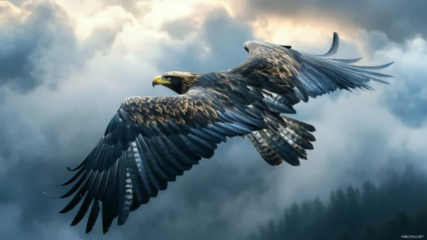 A bold Cool Eagle mid flight with a dynamic cloudy backdrop.