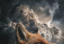 A bold cool fox background hd portrays a roaring fox with viral defiant expression against dark storm clouds.
