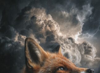 A bold cool fox background hd portrays a roaring fox with viral defiant expression against dark storm clouds.