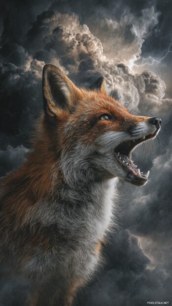 A bold cool fox background hd portrays a roaring fox with viral defiant expression against dark storm clouds.