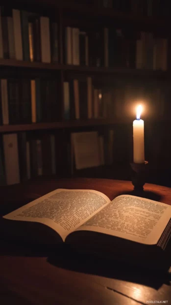 A book iPhone scene captured by candlelight with shadows dancing over open pages.
