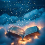 A book illuminated under fairy lights surrounded by gentle clouds.