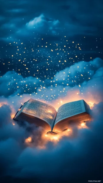 A book illuminated under fairy lights surrounded by gentle clouds.