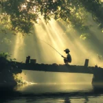 A boy fishing under a wooden bridge with trees and sunlight around.