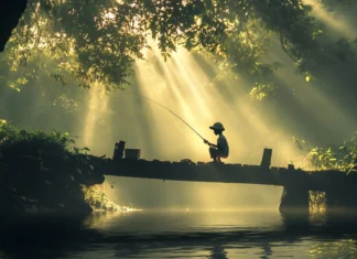 A boy fishing under a wooden bridge with trees and sunlight around.