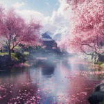 A breathtaking Japan desktop wallpaper with cherry blossoms in full bloom by a peaceful river.