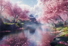 A breathtaking Japan desktop wallpaper with cherry blossoms in full bloom by a peaceful river.
