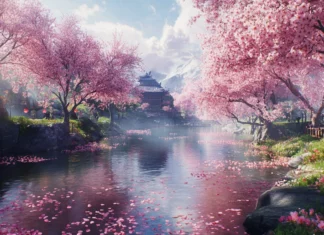 A breathtaking Japan desktop wallpaper with cherry blossoms in full bloom by a peaceful river.