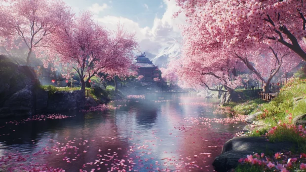 A breathtaking Japan desktop wallpaper with cherry blossoms in full bloom by a peaceful river.