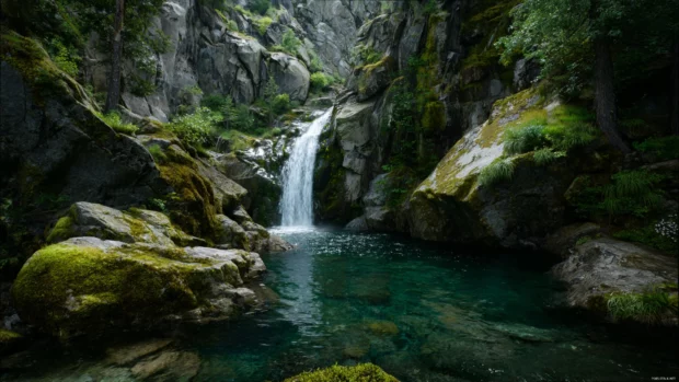 A breathtaking Waterfall plunging into crystal clear waters framed by moss covered rocks in vibrant 4K resolution.