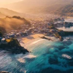 A breathtaking aerial view of a Japan coastal town where ocean waves sparkle under morning light.