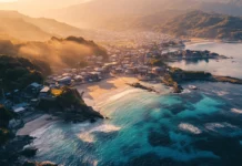 A breathtaking aerial view of a Japan coastal town where ocean waves sparkle under morning light.
